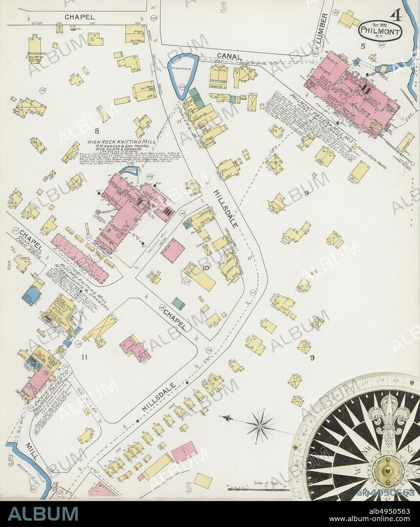 Image 4 of Sanborn Fire Insurance Map from Philmont, Columbia County, New York. Oct 1892. 6 Sheet(s), America, street map with a Nineteenth Century compass.