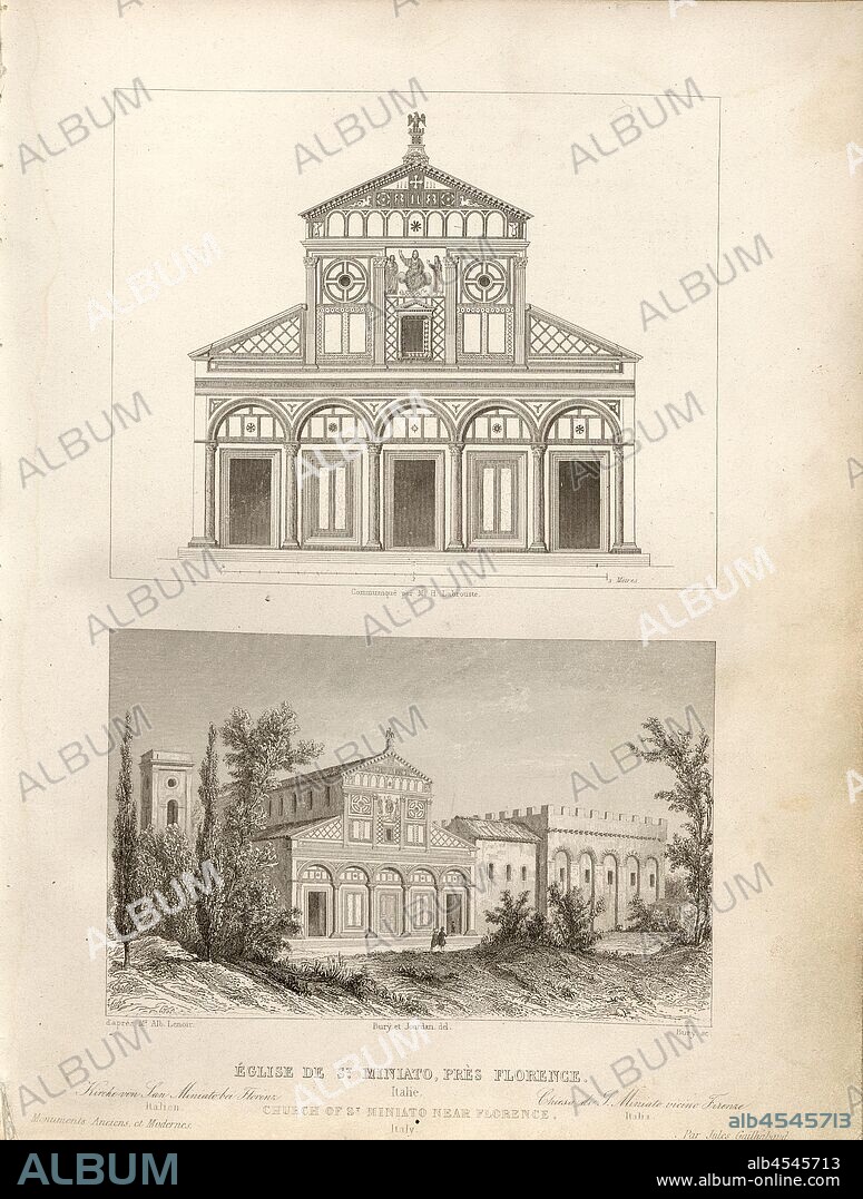 Church of St. Miniato, near Florence. Italy, Basilica of San Miniato al Monte in Florence, signed: d'après Mr. Alb., Lenoir, Bury et Jourdan del, Bury sc, Fig. 44, p. 159, Lenoir, Albert (inv.); Jourdan, Jean Marie (del. d'après Albert Lenoir); Bury, Jean Baptiste Marie (del. d'après Albert Lenoir et sc.), 1853, Jules Gailhabaud: Monuments anciens et modernes: collection formant une histoire de l'architecture des différents peuples à toutes les époques. Paris: Librairie de Firmin Didot frères, 1853.