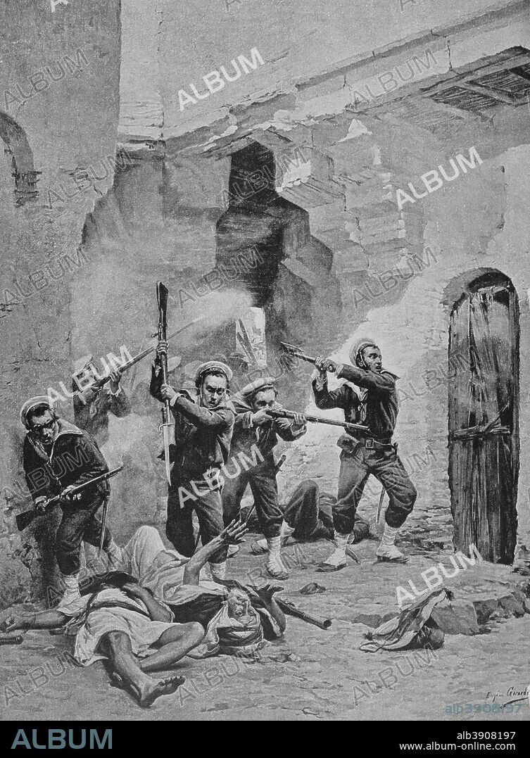 En 1881 Francia ocupó Túnez convirtiendo al país en un protectorado, oficializándose el 12 de mayo. Meses más tarde las tropas francesas tuvieron que hacer frente a revueltas en las regiones de Sfax y Kairuán. Combate en una calle de Sfax. Grabado a partir de un original de Jules Girardet (1856-1938). En Campagne, por Jules Richard. Obra editada en París en 1885. Biblioteca Histórico Militar de Barcelona. Cataluña. España.
