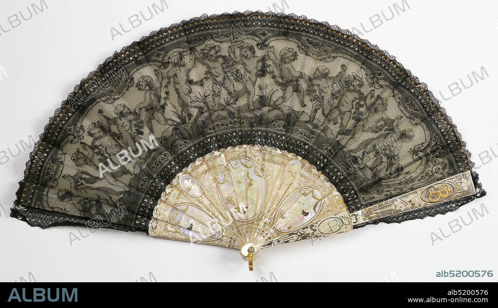 Pleated fan, Silk bobbin lace leaf; carved and gilded mother-of-pearl sticks, Pleated fan with a black bobbin-made Chantilly lace leaf decorated with a line of dancing putti carrying a floral garland. The sticks are carved and gilded mother-of-pearl, decorated with oval medallions of putti. On each guard stick is a medallion with the initials FB., France, 186980, lace, Pleated fan.