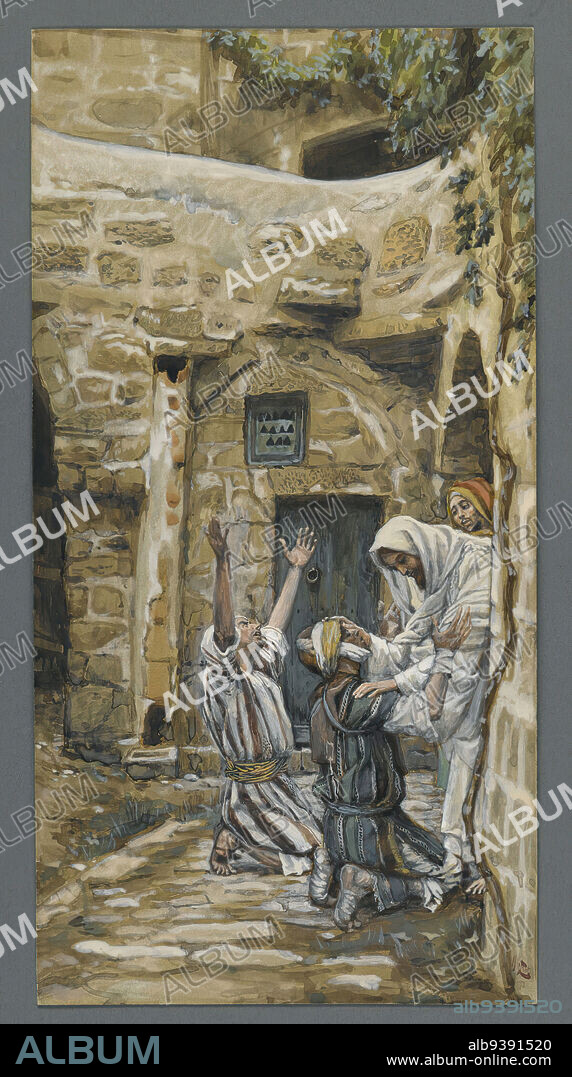 The Blind of Capernaum, Les aveugles de Capharnum, The Life of Our Lord Jesus Christ, La Vie de Notre-Seigneur Jésus-Christ, James Tissot, French, 1836-1902, Opaque watercolor over graphite on gray wove paper, France, 1886-1896, Image: 10 1/2 x 5 3/8 in., 26.7 x 13.7 cm, Bible, Bible story, blind, care, Christian, faith, fishing village, guerison, handicapped, healing, Jesus, Matthew 9:27-30, miracle, needy, New testament, prayer, religious art, robes, salvation, sight, stone, thankful, Tissot.
