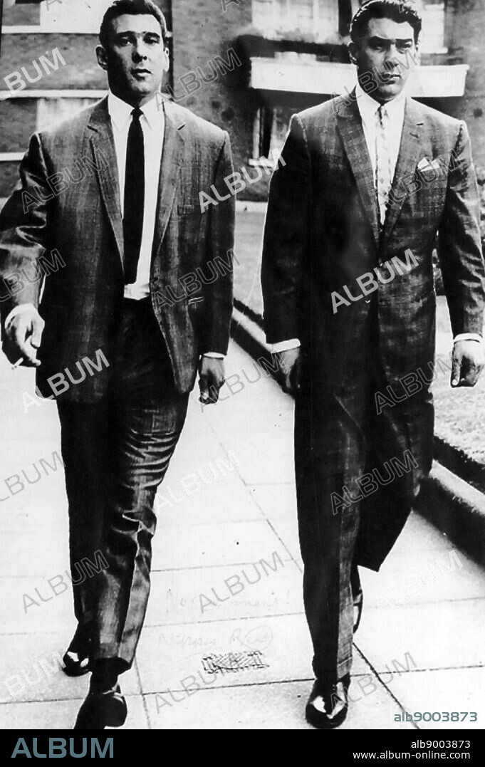 Photograph of Ronald "Ronnie" Kray and Reginald "Reggie" Kray. Ronnie Kray (1933-1995) and Reggie Kray (1933-2000) were English criminals who, with their gang, known as "The Firm", were involved in murder, armed robbery, arson, protection rackets and assaults.