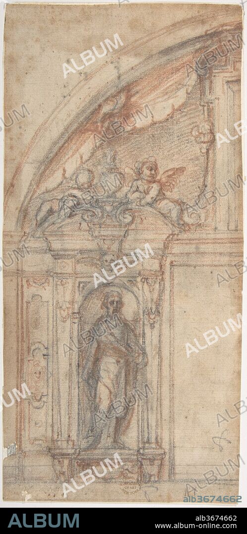 Scheme for an Architectural Decoration with a Standing Male Figure in a Niche. Artist: Fabrizio Boschi (Italian, Florence 1572-1642 Florence). Dimensions: Sheet: 10 1/2 x 5 1/16 in. (26.7 x 12.9 cm). Date: 1572-1642.