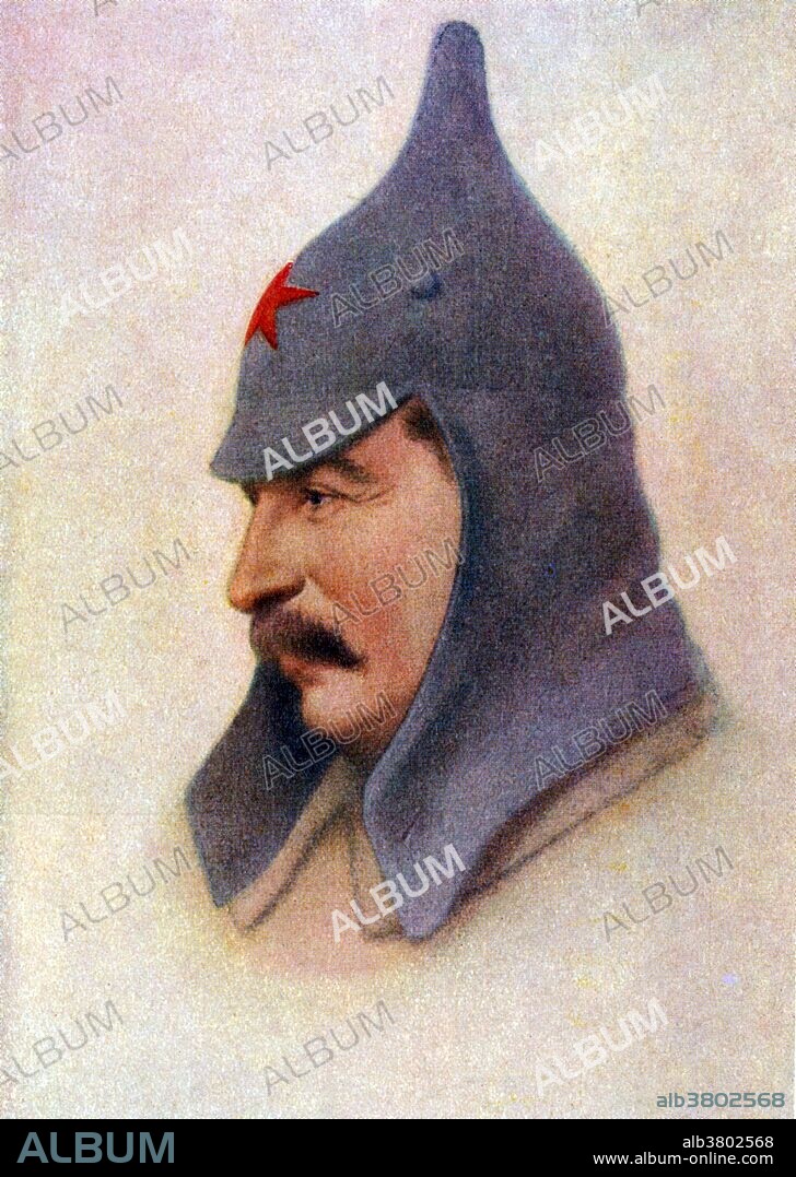 Joseph Vissarionovich Stalin (December 18, 1878 - March 5, 1953) was the Premier of the USSR from 1941-53. He was among the Bolshevik revolutionaries who brought about the October Revolution in Russia in 1917. In 1928, he launched a period of industrialization and collectivization in the countryside, rapidly transforming the USSR from an agrarian society into an industrial power. In 1937-38, a campaign against alleged enemies of the Stalinist regime culminated in the Great Purge, in which hundreds of thousands of people were executed. Having played a decisive role in the Allied victory against Germany, the USSR emerged as a recognized superpower after the war. He led the USSR during the period of post-war reconstruction and launched the Great Construction Projects of Communism and the Great Plan for the Transformation of Nature. He died in1953, at the age of 74. Modern views of Stalin in the Russian Federation and the world remain mixed, with some viewing him as a tyrant and mass murderer, others as a capable and necessary leader for the time. No artist credited, undated.