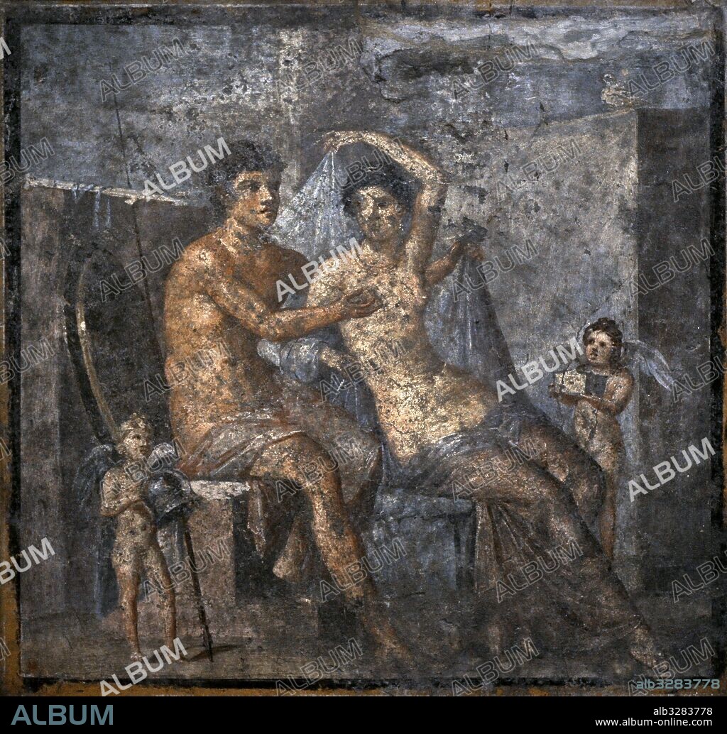 Ares and Aphrodite with cupids. Roman fresco. 62-79. House of Meleagro, Peristilium. Pompeii. Italy. National Archaeological Museum. Naples. Italy.