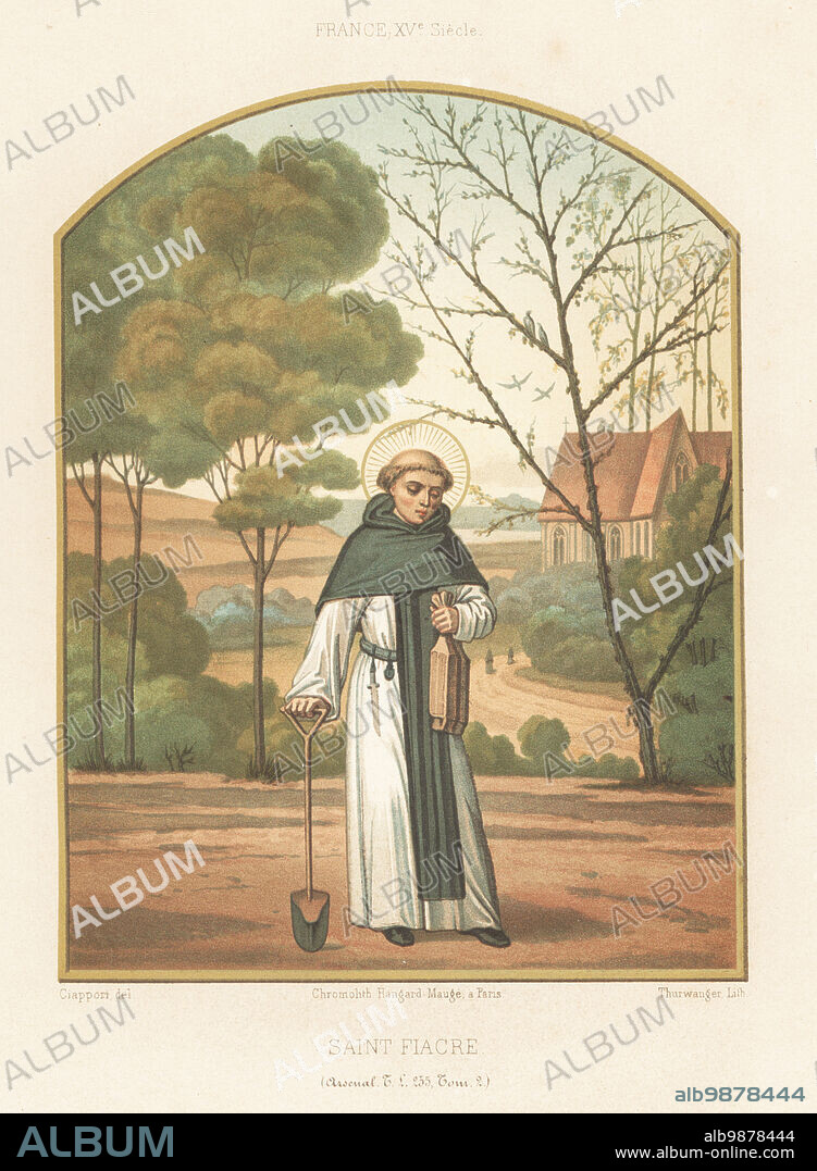 Saint Fiacre of Breuil with spade and bag of seeds. Catholic priest, abbot, hermit and gardener, c. 600-670. Taken from a 15th century Book of Hours, livre d'heures, MS Tl 255, Tom. 2, Bibliotheque de l'Arsenal. Chromolithograph by Thurwanger after an illustration by Claudius Joseph Ciappori from Charles Louandres Les Arts Somptuaires, The Sumptuary Arts, Hangard-Mauge, Paris, 1858.
