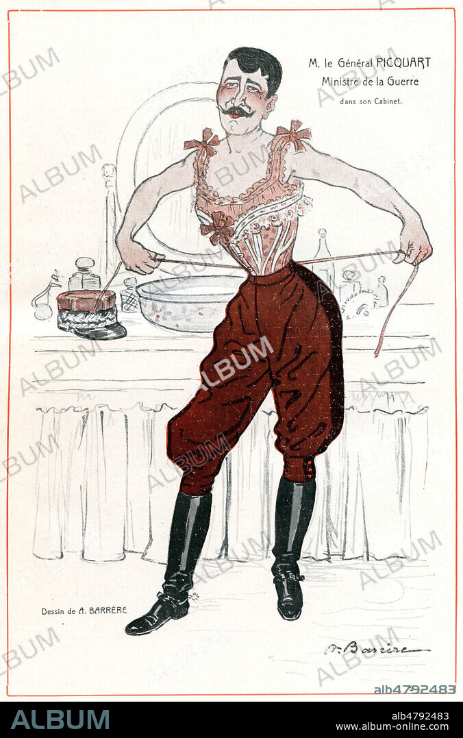 'M. le General PICQUART, Ministre de la Guerre, dans son cabinet' represente se laant un corset de femme dans un boudoir. (soupconne a l'epoque de l'affaire Dreyfus d'etre homosexuel, la rumeur court propagee par la propagande anti dreyfusienne) Caricature d'Adrien BARRERE (1874-1931) pour le Fantasio du 15 Novembre 1906. Credit : Collection KHARBINE-TAPABOR.