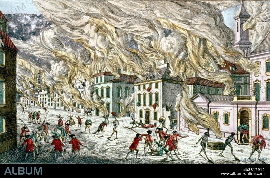The Great Fire of New York was a devastating fire that burned through the night of September 21, 1776, on the West Side of what then constituted New York City at the southern end of the island of Manhattan. It broke out in the early days of the military occupation of the city by British forces during the American Revolutionary War. The fire destroyed about one third of the city and some unburned parts of the city were plundered. Many people believed or assumed that one or more people deliberately started the fire, for a variety of different reasons. British leaders accused revolutionaries acting within the city, and many residents assumed that one side or the other had started it. The fire had long-term effects on the British occupation of the city, which did not end until 1783. Hand colored etching by Franz Xaver Habermann.