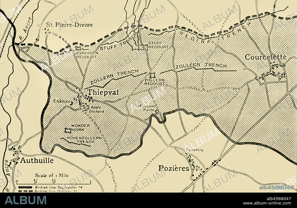 'Map showing approximately the area gained on the Thiepval Ridge between September 14 and October 31, 1916', (c1920). The British line in northern France during the Battle of the Somme, First World War. From "The Great World War: A History", Volume VI, edited by Frank A Mumby. [The Gresham Publishing Company Ltd, London, c1920].