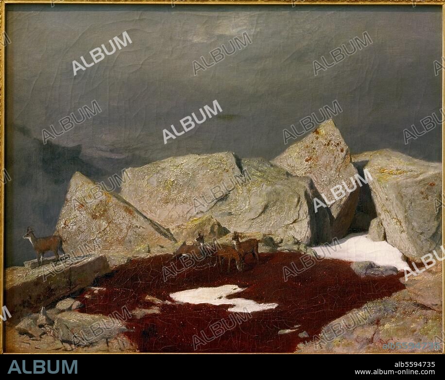 ARNOLD BöCKLIN. Böcklin, Arnold 1827-1901. "Hochgebirgslandschaft mit Gemsen", um 1849/50. Öl auf Leinwand, 33 × 41 cm. Basel, Kunstmuseum.