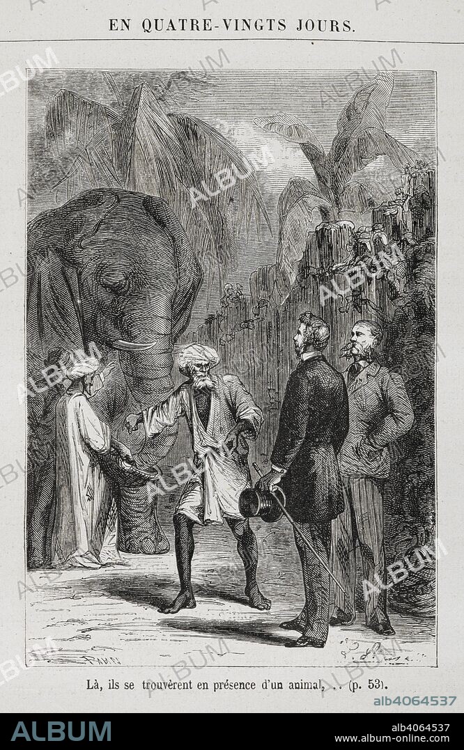 JULES VERNE. Phileas Fogg and Jean Passepartout hiring an elephant and guide in India. Illustration to the novel  'Around the World in Eighty Days'. [Le Tour du Monde en quatre-vingts jours. [A novel.] (HuitieÌ€me eÌdition.)] [Around the World in 80 Days]. Paris, [1873]. Source: 12514.l.18 page 49. Language: French.