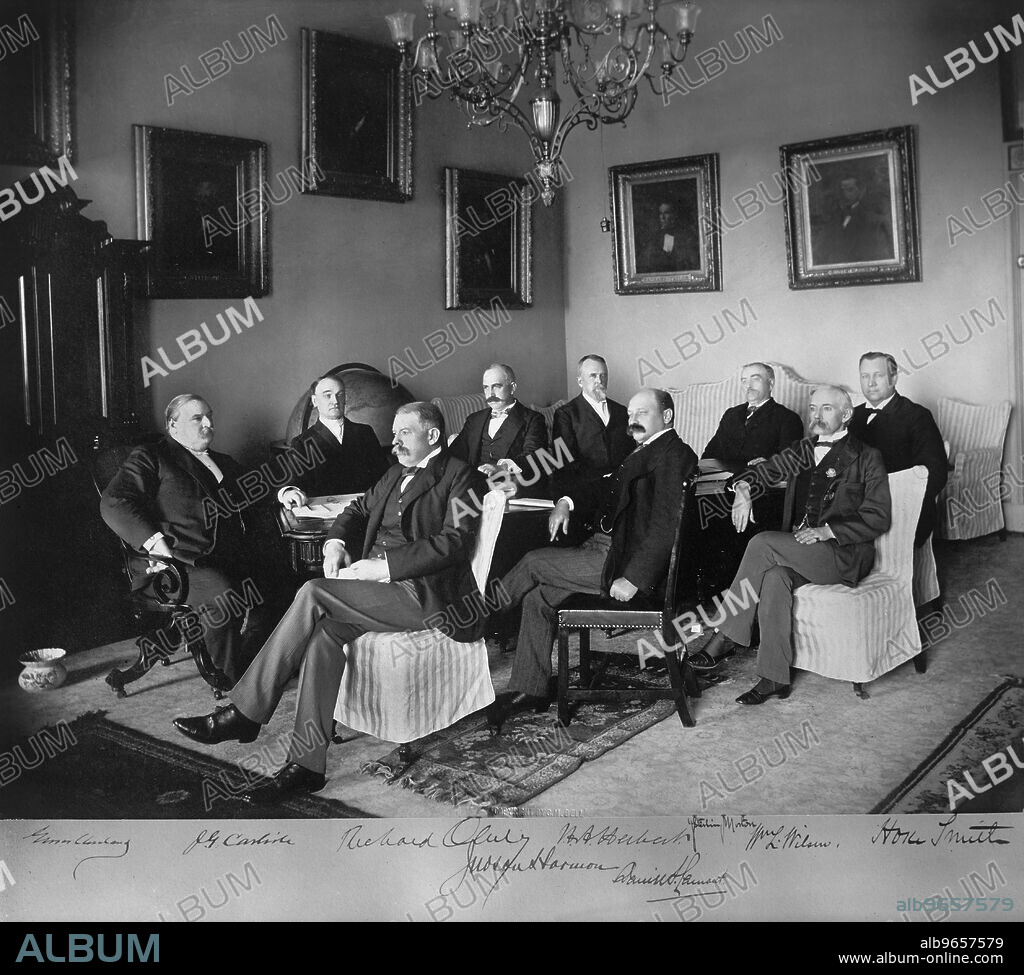 U.S. President Grover Cleveland with Members of his cabinet, L-R: Grover Cleveland, John Carlisle, Secretary of the Treasury; Richard Olney, Secretary of State; Judson Harmon, Attorney General; Hilary Herbert, Secretary of the Navy; Daniel S . Lamont, Secretary of War; Julius S. Morton, Secretary of Agriculture; William Lyne Wilson, Postmaster General; M. Hoke Smith, Secretary of the Interior, 1895-96.
