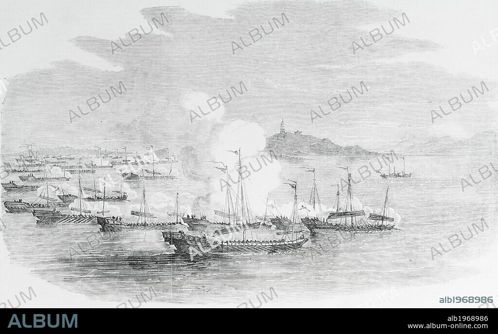 Naval battle in Canton, 1858. Second Opium War, China, 19th century.