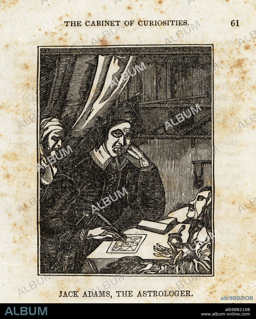 Astrologer Jack Adams drawing a horoscope for Joan, Queen of Sluts, 17th century. Adams was an astrologer of Clerkenwell in King Charles IIs reign. Woodcut from The Cabinet of Curiosities, or Wonders of the World Displayed, Henry Piercy, New York, 1836.