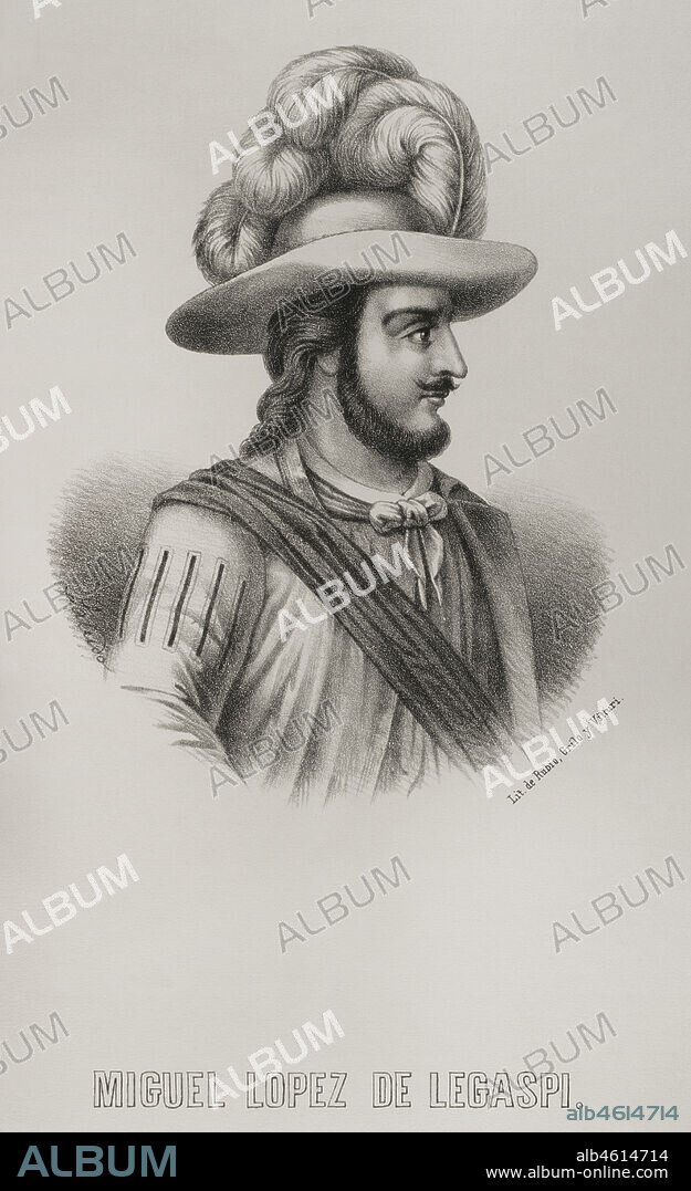 Miguel López de Legazpi (1502-1572). Almirante español. Primer gobernador de la Capitanía General de las Filipinas (1565-1572). Fundador de la ciudad de Manila en 1571. Retrato. Litografía. Crónica General de España, Historia Ilustrada y Descriptiva de sus Provincias. Filipinas, 1871.