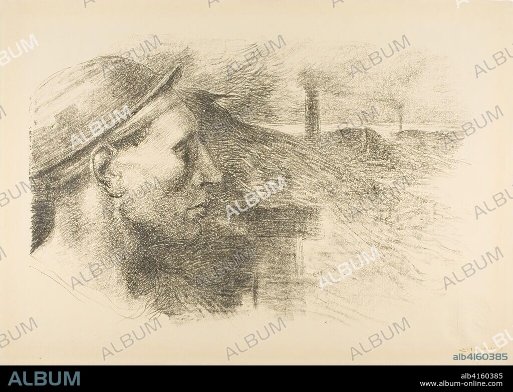 Miner, from the ninth album of L'Estampe originale. Constantin Emile Meunier (Belgian, 1831-1905); published by L'Estampe originale (French, 1893-1895). Date: 1895. Dimensions: 345 × 520 mm (image); 404 × 618 mm (sheet). Transfer lithograph, with scraping, in black on tan laid paper. Origin: Belgium.