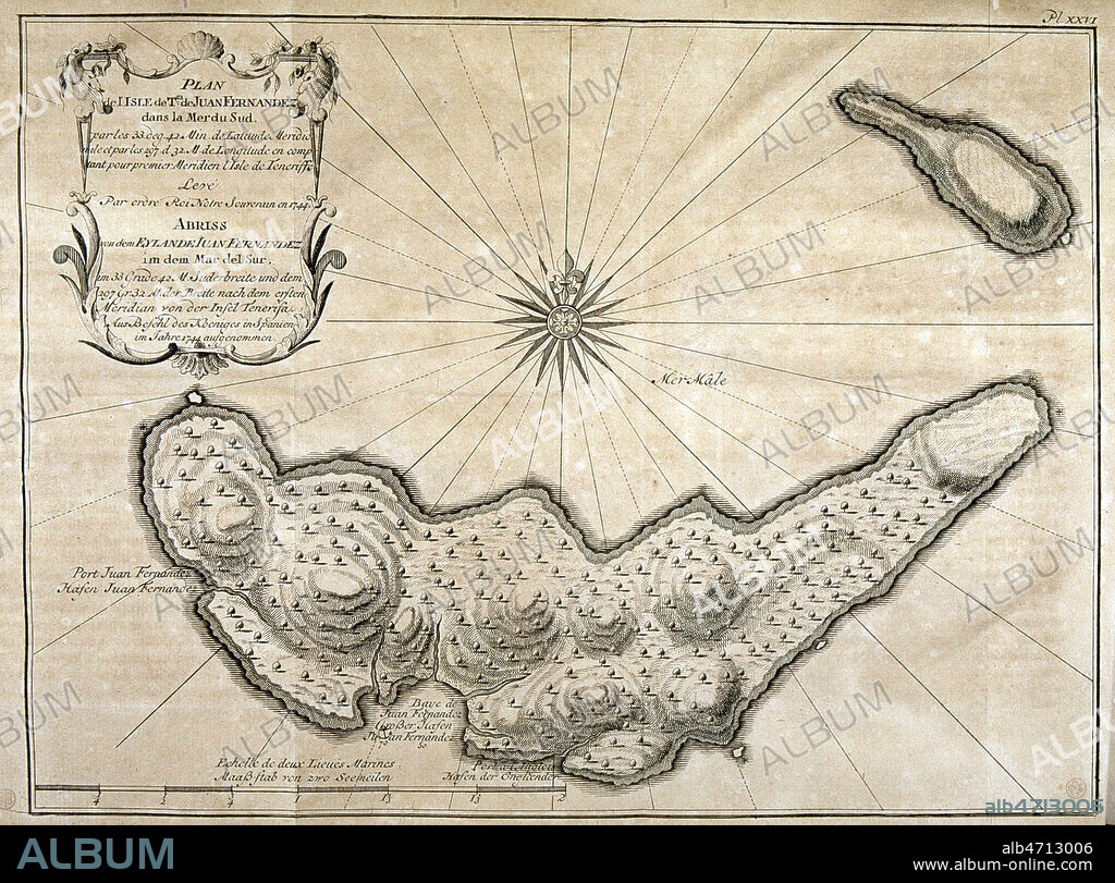 Carte de l'ile de Juan Fernandez (ile de Robinson Crusoe). Carte geographique tiree de l'ouvrage 'Voyage historique de l'Amerique meridoniale' par Don George JUAN et Don Antoine de ULLOA, publie en 1752. (18e, 18eme s., XVIIIeme s.) Ouvrage conserve a la bibliotheque municipale de Versailles. Credit : Collection JEAN VIGNE / KHARBINE-TAPABOR.
