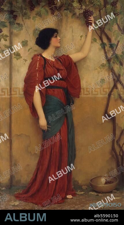 JOHN WILLIAM GODWARD. Godward, John William 1861-1922. "Autumn" (Herbst), 1900. (Griechin der Antike, eine Weintraube pflückend). Öl auf Leinwand, 101 × 58 cm. Kunsthandel London, Sotheby's, 10. November 1981, Lot 53.