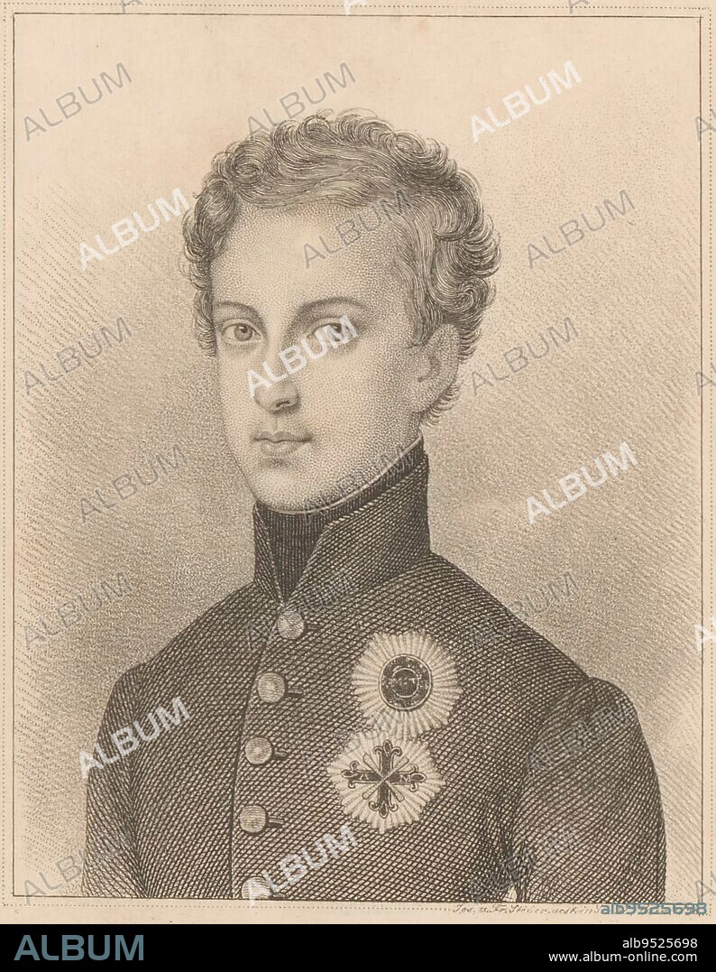 Portrait of Napoleon Franz Charles Joseph Bonaparte, Franz Stöber, 1830, Top left: Ms. C.L. No 726., print maker: Franz Stöber, (mentioned on object), Vienna, 1830, paper, steel engraving, h 169 mm - w 106 mm.