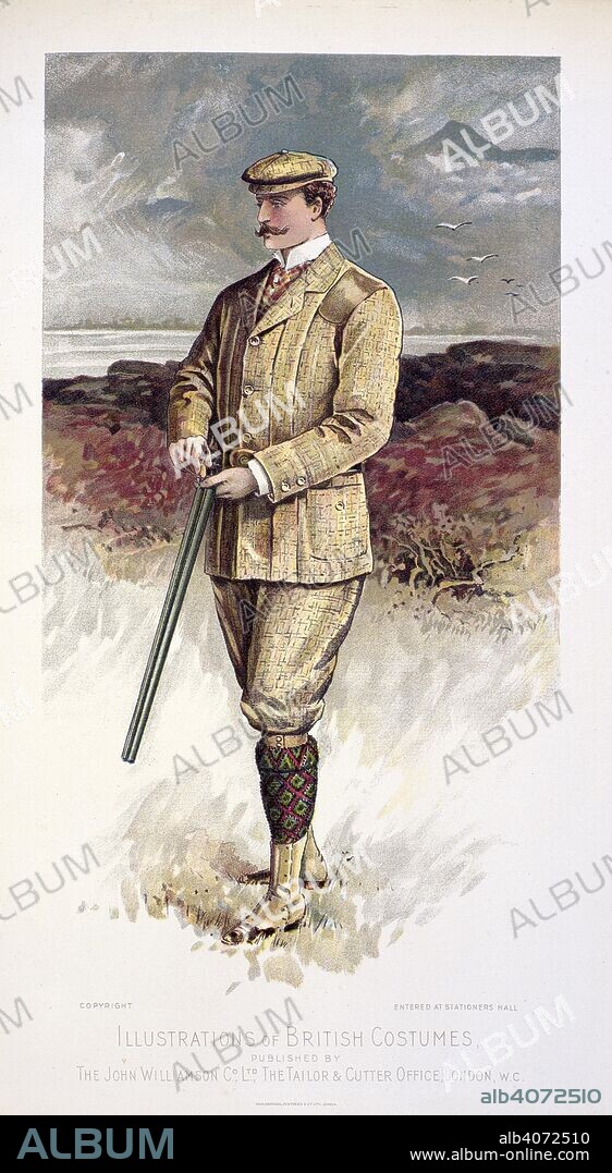 Man wearing a hunting suit, carrying a shotgun. Illustrations of British costumes. London Art Fashion Journal. London, 1900. Source: London art fashion journal, September 1900, after page 103.