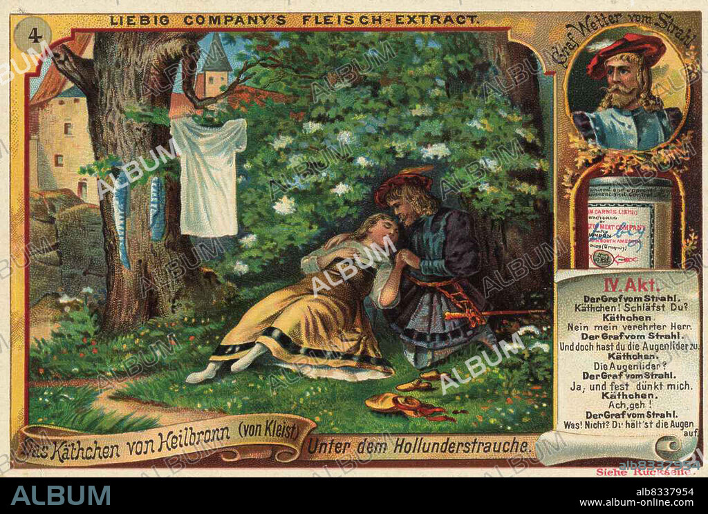 Serie Das K§thchen von Heilbronn (von Kleist), Unter dem Holunderstrauch / Series Das K§thchen von Heilbronn (by Kleist), Under the Elderberry Bush, digital improved reproduction of a collectible image from the Liebig company, estimated from 1900, pd / digital verbesserte Reproduktion eines Sammelbildes von ca 1900, gemeinfrei.