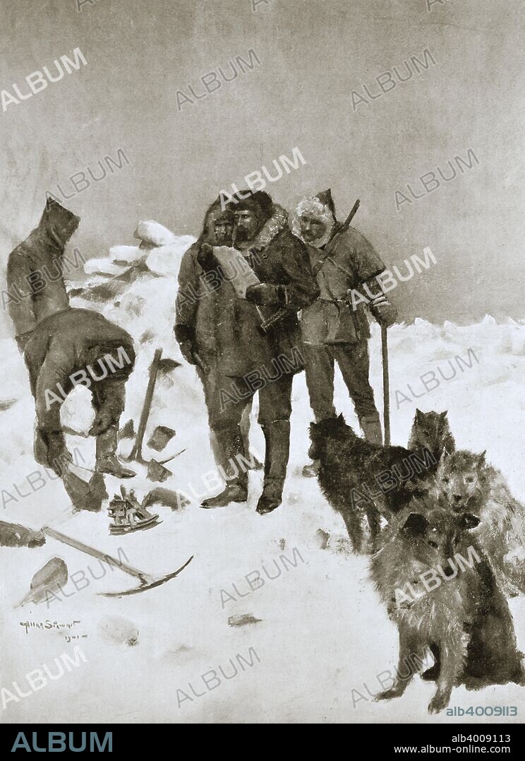 Captain McClintock's search for missing Arctic explorer Sir John Franklin, 6 May 1859 (1901). The discovery of the Ross Cairn relics by Lieutenant Hobson of the yacht 'Fox'. Franklin (1786-1847) set off on an expedition to find the Northwest Passage in 1845. The expedition failed to return and numerous search and rescue expeditions failed to find Franklin or his crew. In 1854, Scottish explorer Sir John Rae learned from Inuit hunters that Franklin's ships had become icebound, the expedition had attempted to reach safety on foot but had succumbed to the cold and starvation, with some of its members having resorted to cannibalism. The news caused anger and revulsion back in Britain. Franklin's widow refused to accept the story and several further expeditions were sent to the Arctic to learn the 'truth'. One of these, commanded by Captain Francis Leopold McClintock (1819-1907) found the only official record of Franklin's party. In 1997, toxicological analysis of the remains of several members of Franklin's expedition found in graves on King William Island finally vindicated Rae's account. From The Illustrated London News, 1901.