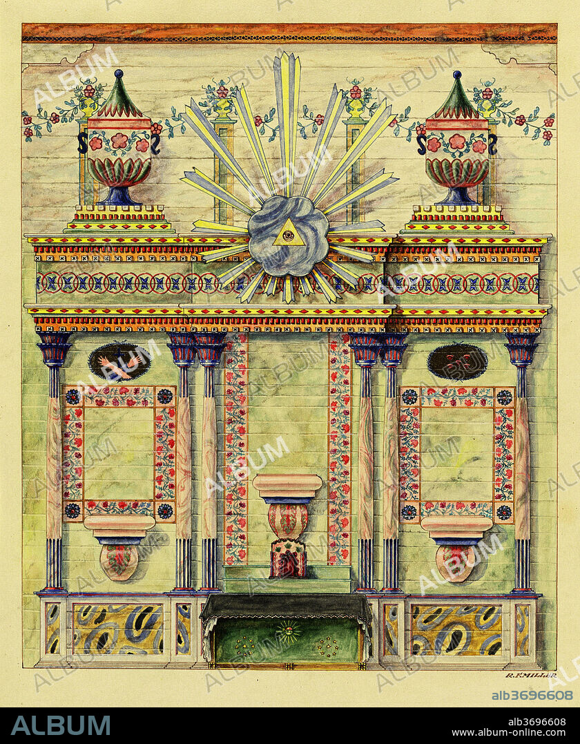 RANDOLPH F. MILLER. Reredos and Wall Paintings. Dated: 1937. Dimensions: overall: 34.9 x 26.6 cm (13 3/4 x 10 1/2 in.)  Original IAD Object: Appr. 45'high; 40'wide overall.. Medium: watercolor, colored pencil, pen and ink, gold ink and graphite on paper.