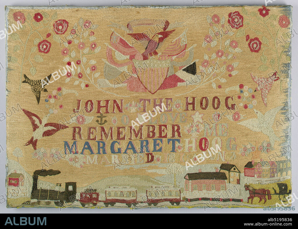Sampler, Margaret Hoog, American, b. Ireland, Medium: wool and cotton embroidery on wool foundation Technique: embroidered in chain stitch on plain weave foundation Label: wool embroidered with wool and cotton in chain stitch, At the top, an eagle with spread wings is perched atop a shield, with flags and buntings, surrounded by floral sprays. At the bottom is a landscape with a small town, a locomotive, and a horse and carriage. In the center is the inscription: John the Hoog O Love Remember me Margaret Hoog Married 1875 June 3, surrounded by birds and flowers. The entire surface is covered with chain stitch embroidery., USA, 1875, embroidery & stitching, Sampler.