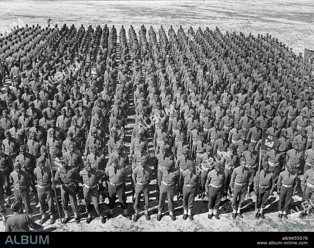 Soldiers of 41st Engineers in formation on Parade Ground, Fort Bragg, North Carolina, USA, Arthur Rothstein, U.S. Office of War Information, March 1942.