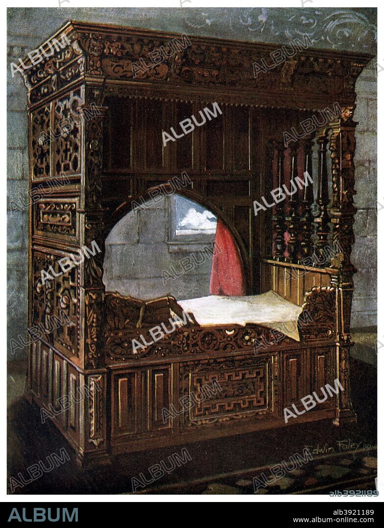 Carved oak bedstead of Jeanne d'Albret, 1910. Jeanne d'Albret was Queen of Navarre from 1555-1572 and was the mother of King Henry IV of France. A print from The Book of Decorative Furniture, Volume I, TC and EC Jack Limited, 35 Paternoster Row, and Edinburgh, 1910.
