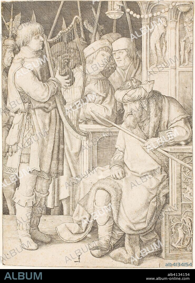 David Playing the Harp Before Saul. Lucas van Leyden; Netherlandish, 1494-1533. Date: 1503-1513. Dimensions: 255 mm x 185 mm (image/sheet, trimmd within plate mark). Engraving in black on cream laid paper. Origin: Netherlands.