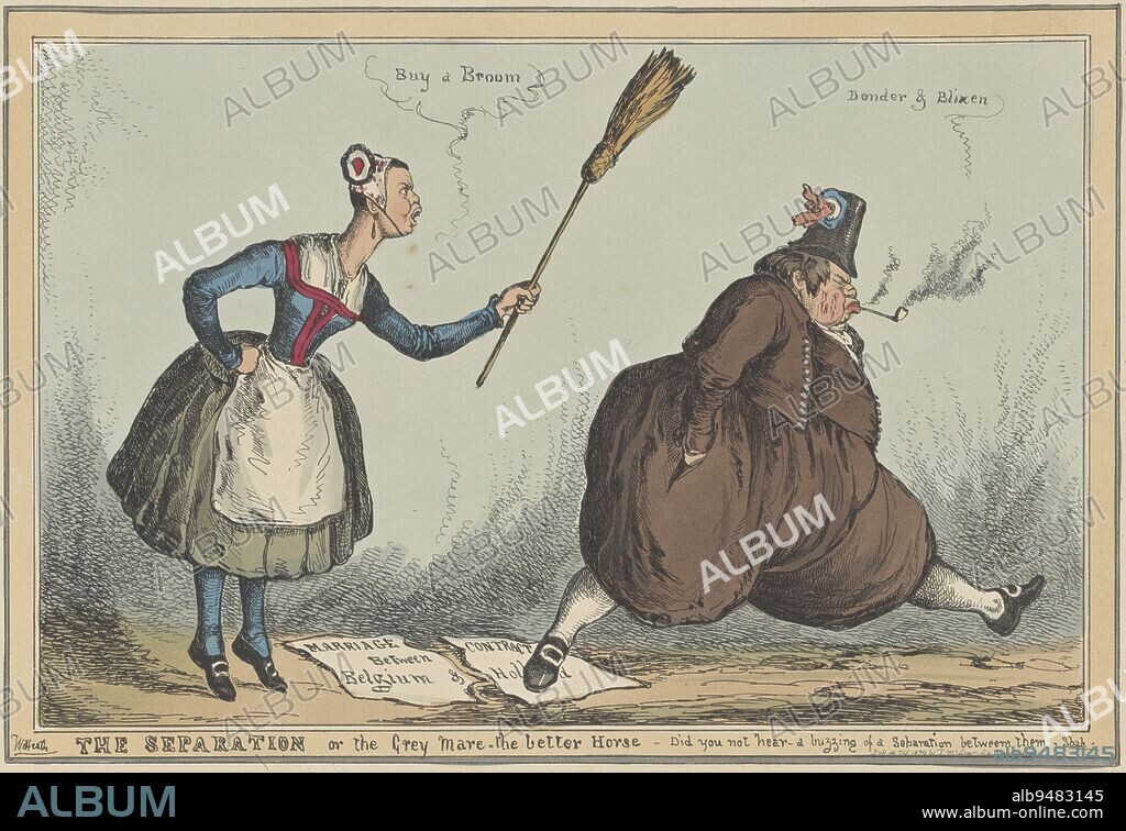 Cartoon depicting the political separation of the Netherlands and Belgium as the separation of a man, a fat Dutchman, and his wife, a skinny Belgian. The sulking husband is sent packing by his wife with the words 'Buy a Broom', cartoon on the separation of Holland and Belgium, 1830 The Separation or the Grey Mare - the better Horse ., print maker: William Heath, (mentioned on object), publisher: Thomas McLean, (mentioned on object), London, 4-Oct-1830, paper, etching, h 261 mm × w 376 mm.