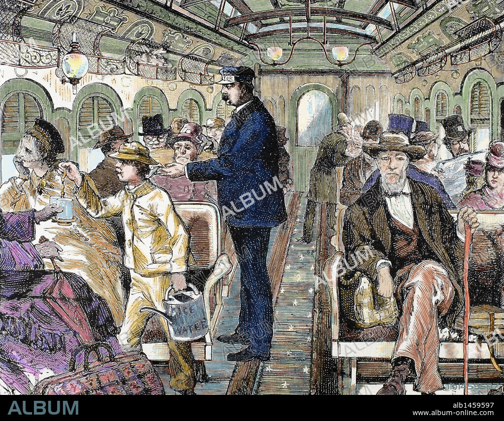 Interior de un vagón de ferrocarril antiguo. Estados Unidos. Grabado coloreado del siglo XIX.