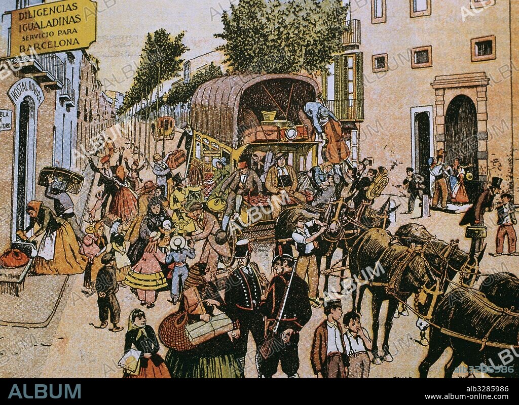DILIGENCIA DE BARCELONA A IGUALADA. Llegada a Igualada de la diligencia procedente de Barcelona en la vigilia de la Fiesta Mayo Dibujo del siglo XIX. Cataluña.