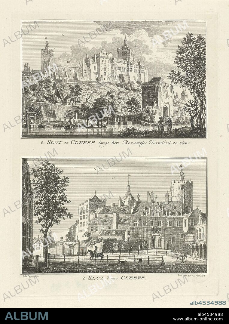 Schwanenburg in Kleef 't Slot in Cleeff along the Rieviertje Kermisdal on display /' t Slot in Cleeff (title on object) Town and city views in Kleve (series title), Two representations of one plate. Two views of Schwanenburg in Kleve, seen from the Kermisdahl (above) and from the city (below). The print is part of a 100-part series with views of villages and towns in Kleve, landscape with tower or castle, Zwanenburcht, Paulus van Liender (mentioned on object), 1758, paper, etching, h 201 mm × w 146 mm.