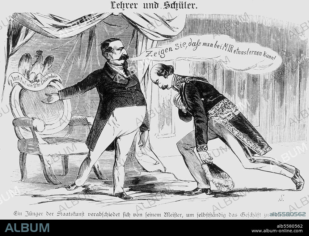 Bismarck, Otto von; Staatsmann; 1815-98. "Lehrer und Schüler. (...) ". (Karikatur auf Bismarck und Napoleon III.; B. verabschiedet sich als preuß. Botschafter in Paris, um Staatsminister in Preußen zu werden; N. empfiehlt einen Staatsstreich). Holzstich nach Wilhelm Scholz (1824-93). Aus: Kladderadatsch, 18. Oktober 1862.