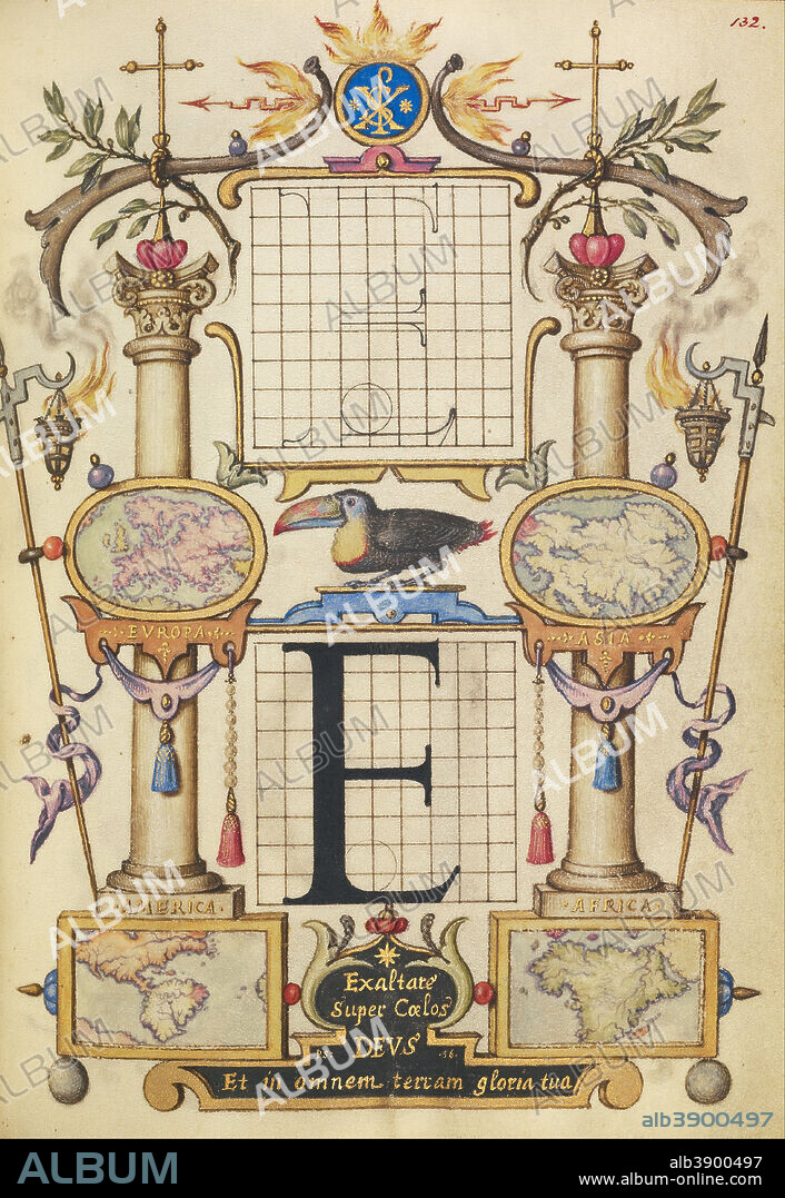 JORIS HOEFNAGEL. Guide for Constructing the Letter E. Date/Period: Ca. 1591 - 1596. Folio. Watercolors, gold and silver paint, and ink on parchment. Height: 166 mm (6.53 in); Width: 124 mm (4.88 in).