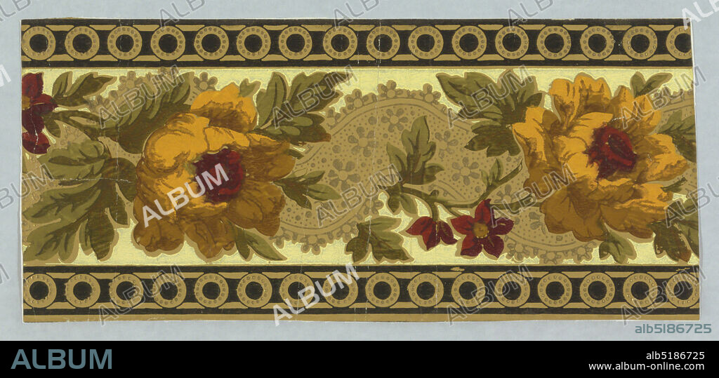 Border, Manchine printed on paper., Twisted ribbon and rose design with band of circles along top and bottom edge. Ribbon has gold floral motifs, and large yellow rose alternates with smaller red flowers., USA, 188090, Wallcoverings, Border.