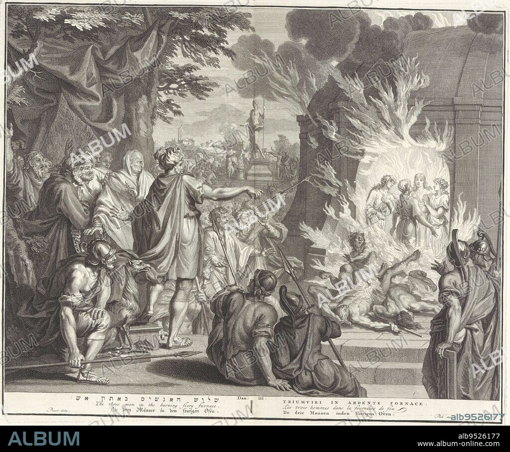 Shadrach, Meshach and Abednego in the fiery furnace, Matthijs Pool, after Bernard Picart, 1720 - 1728, The Babylonian king Nebuchadnezzar, surrounded by soldiers, sees how Shadrach, Meshach and Abednego in the fiery furnace are miraculously assisted by a fourth figure, which leads the king to order their rescue. In the background many kneeling figures around the golden statue, erected outside the city of Babylon, which the trio refused to worship. Illustration of the biblical text Dan. 3. Below the illustration the title in Hebrew, English, German, Latin, French and Dutch., print maker: Matthijs Pool, (mentioned on object), intermediary draughtsman: Bernard Picart, (mentioned on object), publisher: Bernard Picart, (possibly), print maker: Amsterdam, publisher: Amsterdam, publisher: The Hague, 1705 - 1720 and/or 1720 - 1728, paper, etching, engraving, h 352 mm × w 422 mm.