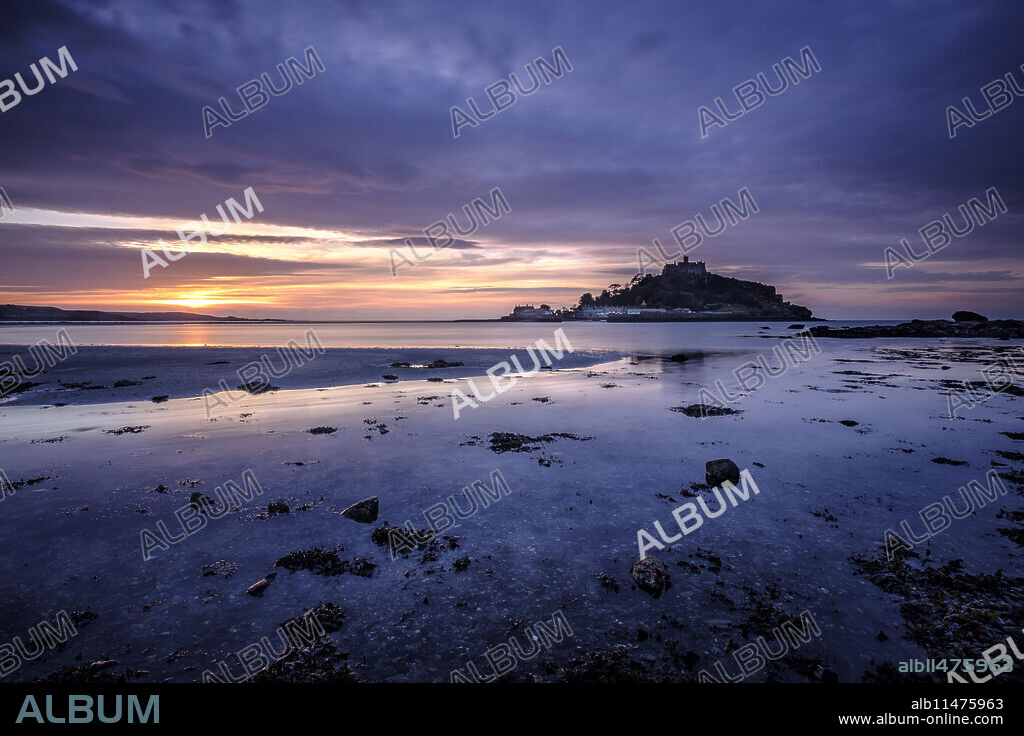 Winter sunrise at St. Michael's Mount in Marazion, Cornwall, England, United Kingdom, Europe.