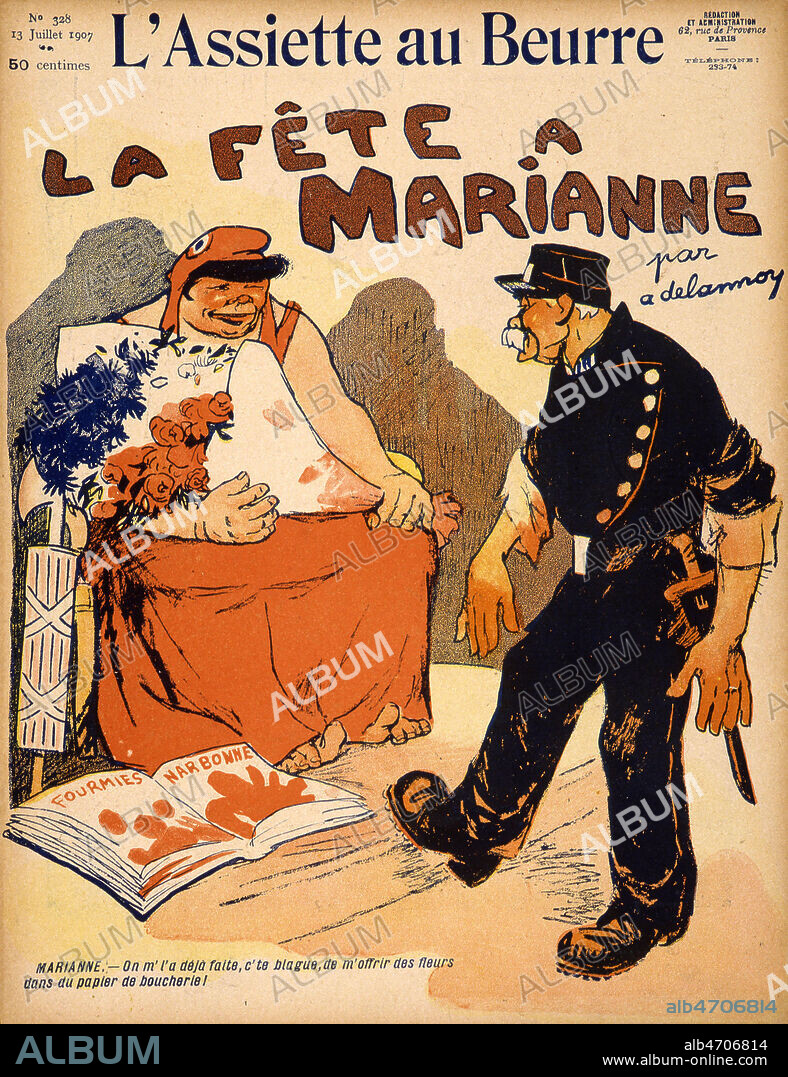 La fete a Marianne "on m'la deja faite cette blague de m'offrir des fleurs dans du papier de boucherie" (Georges CLEMENCEAU offre des fleurs avec les mains tachees du sang des morts des manifestations de Fourmies et de Narbonne). IUllustration d'Aristide DELANNOY (1874-1911) pour L'Assiette au Beurre de 1907. Credit : Collection KHARBINE-TAPABOR.