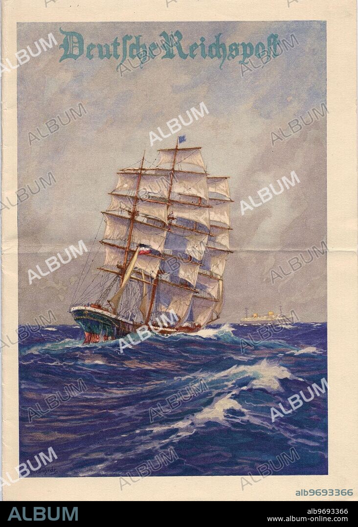 1000781 ( 1000 ) Schmucktelegramm der Deutschen Reichspost , Segelschiff mit schwarz-weiss-roter . Flagge auf hoher See , Gemälde , 1934 . Stichworte : Post , Deutsche Reichspost , Telegramm , Deutsches Reich , 30er Jahre , Gemaelde , Urheberrechte und Kunsturheberrechte werden nicht vertreten. Jede Nutzung ist anzuzeigen und abzurechnen mit Archiv Feltz, Radenwisch 45, 22457 Hamburg, Deutschland/Germany, Tel./Fax ; 040-5592530.. Germany, German Post , decoration telegram , 1934 , thirties , painting of an sailing ship , no copyright, no copyright of art.