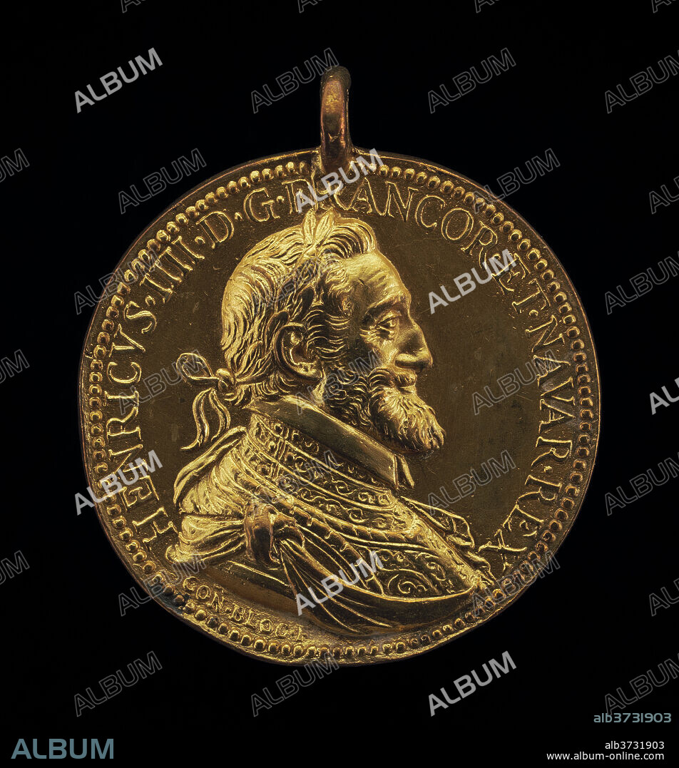 CONRAD BLOC. Henri IV, 1553-1610, King of France 1589 [obverse]. Dated: 1598. Dimensions: overall (height with suspension loop): 4.96 cm (1 15/16 in.)  overall (diameter without loop): 4.39 cm (1 3/4 in.)  gross weight: 29.89 gr (0.066 lb.)  axis: 12:00. Medium: gilded bronze.