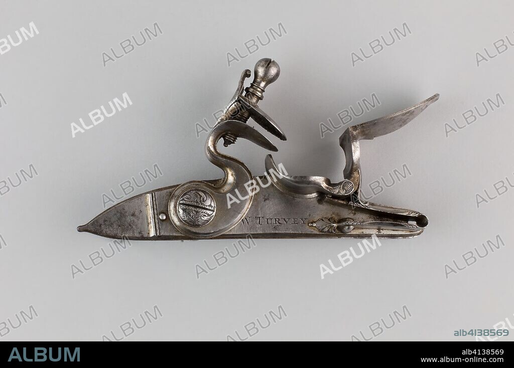 Flintlock of a Gun. English, London; Locksmith: William Turvey. Date: 1740. Dimensions: L. 14.5 cm (5 11/16 in.). Steel. Origin: Europe.