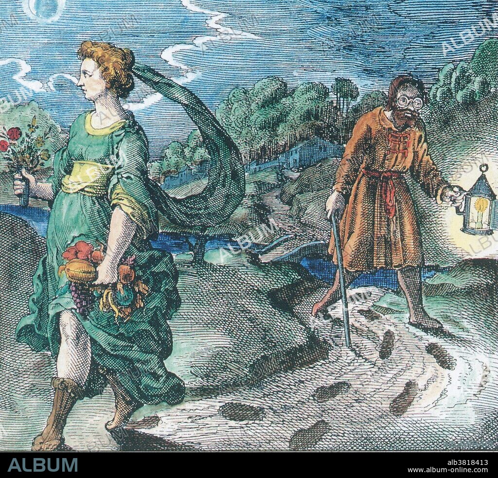Nature, Reason, Experience and Reading must be the Guide, Staff, Spectacles and Lamp to him that is employed in Chemical Affairs. Michael Maier's alchemical emblem book Atalanta fugiens was first published in Latin in 1617. It incorporated 50 emblems with epigrams and a discourse, but extended the concept of an emblem book by incorporating 50 pieces of music the 'fugues' or canons. This image is Emblem 42: The woman represents Nature. The old man represents the alchemist. Her footprints are visible but he needs a lamp, walking stick and spectacles to follow her.