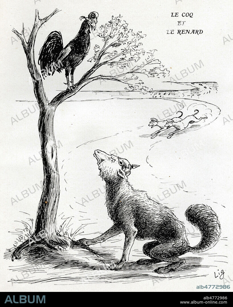 Le coq et le renard. (GUILLAUME II proposant la paix au coq francais). Caricature de 1916 par LIG pour Fables choisies de La Fontaine. Credit : Coll. Jonas/KHARBINE-TAPABOR.