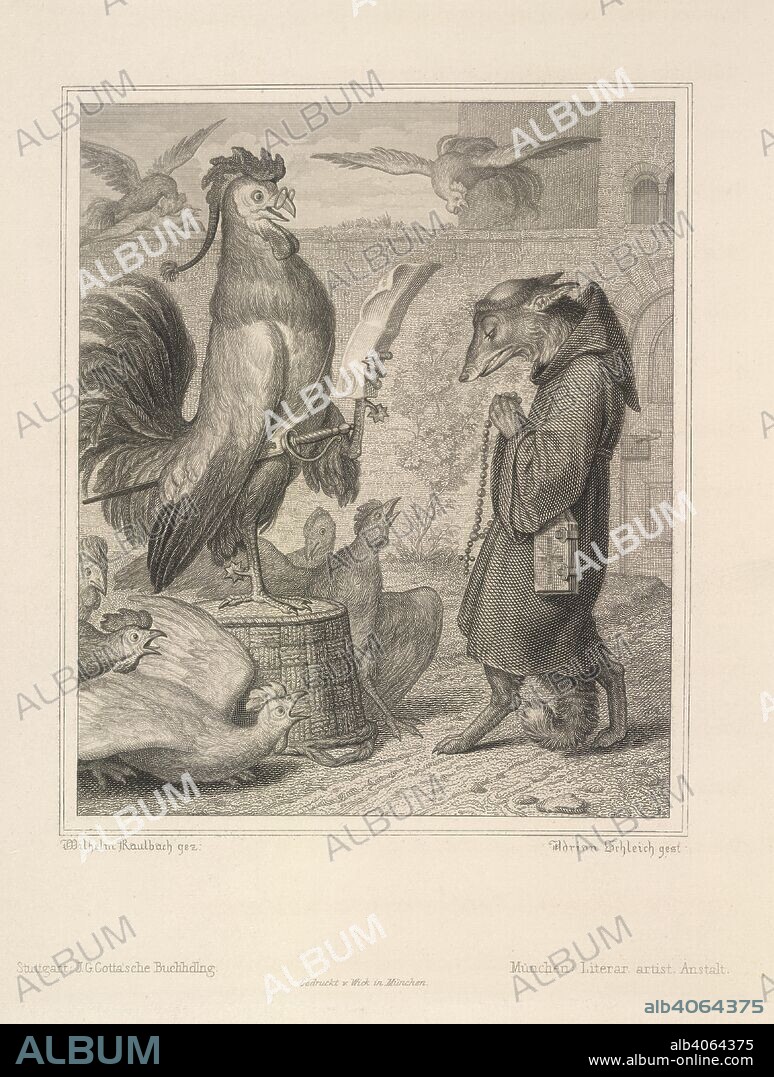 WILHELM RAULBACH. Reynard the fox. [GÃ¶the's Reineke Fuchs. Ein Gedicht in zwÃ¶lf GesÃ¤n. Munich, 1846. Reynard the fox dressed as a friar before chickens. Copper-engraving.  Image taken from [GÃ¶the's Reineke Fuchs. Ein Gedicht in zwÃ¶lf GesÃ¤ngen.]. Reynard the Fox..  Originally published/produced in Munich, 1846. . Source: 11501.k.5, opposite 13. Language: German.