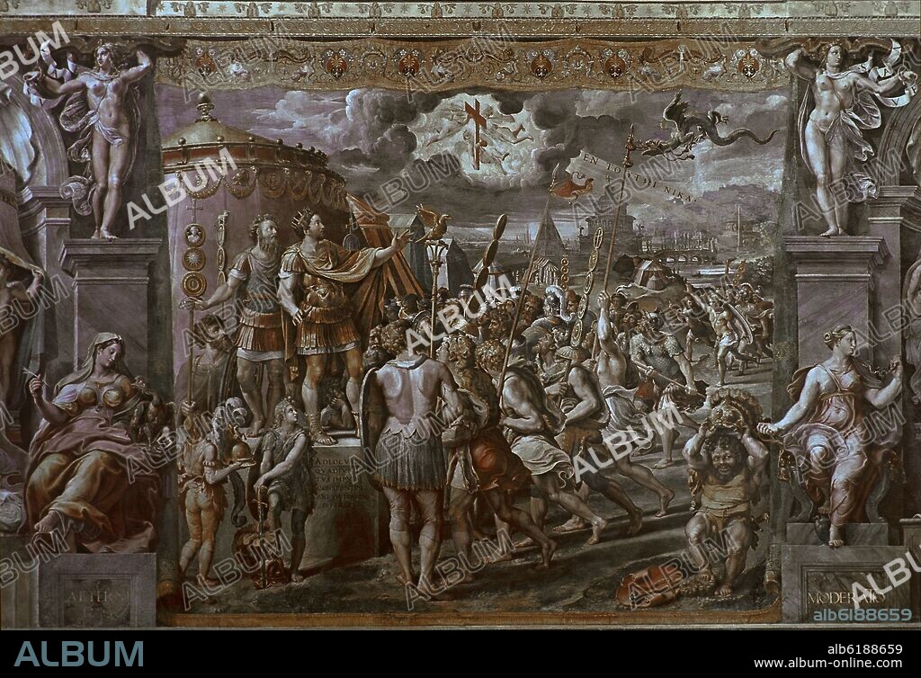 GIULIO ROMANO (1499-1546) GIULIO PIPPI. APARICION DE LA CRUZ  ANTES DE LA BATALLA DEL PUENTE MILVIO EN OCT 312 ENTRE CONSTANTINO Y MAJENCIO- 1519/1524- FRESCO.