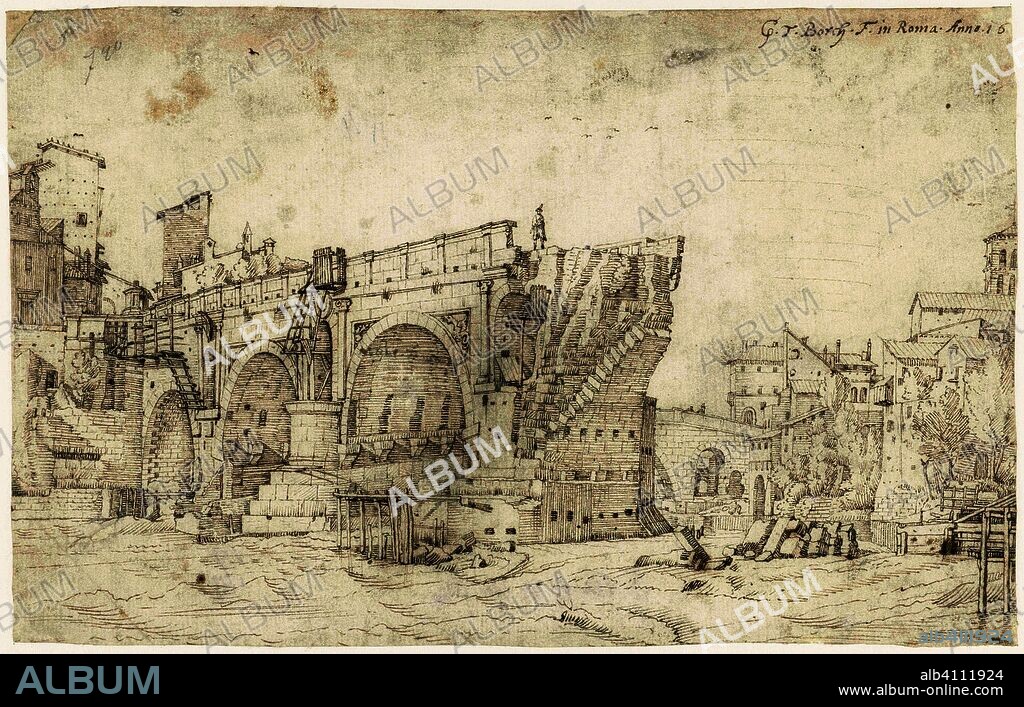 Ponte Rotto on the Tiber, Rome. Draughtsman: Gerard ter Borch (I) (signed by artist). Dating: 1609. Place: Rome. Measurements: h 157 mm × w 248 mm.