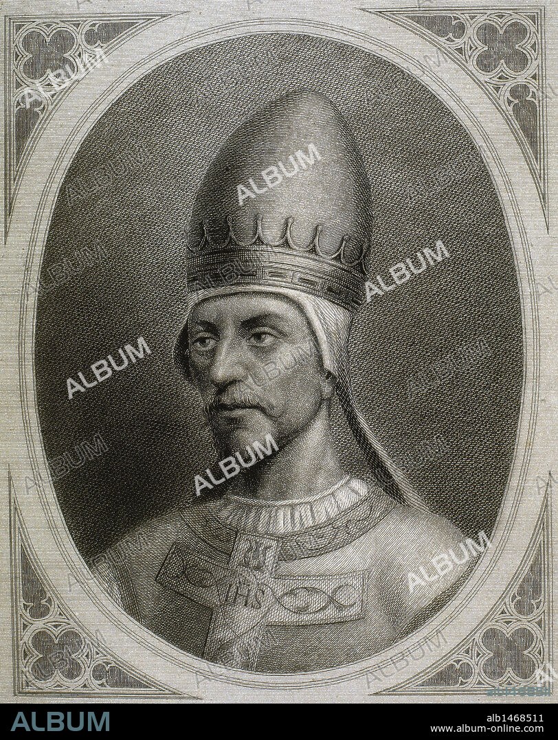 GREGORIO VII, se llamaba Hildebrando (Sovana, municipio de Sorano, 1020-Salerno, 1085). Fue nombrado Abad del monasterio de San Pablo en Roma por el Papa León IX. Fue papa de 1073 a 1085. Inició la reforma del clero luchando contra la simonía y el concubinato. Se opuso a la pretensión de los nobles de otorgar, ellos, las dignidades eclesiásticas. Se enfrentó a Enrique IV a quien excomulgó. Grabado.